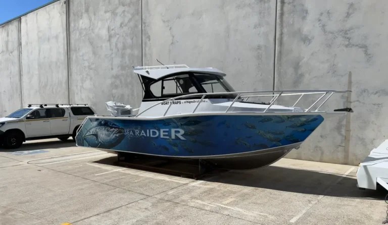 Sea Raider plate aluminium hardtop boat in a blue custom fish wrap