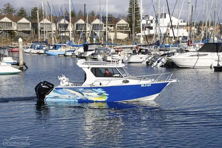 Blue and green wrapped plate aluminium boat moored in a marina