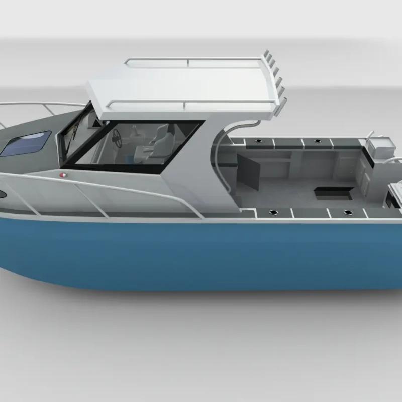 7.9m Shark Cat twin-hull catamaran with enclosed cabin and blue hull