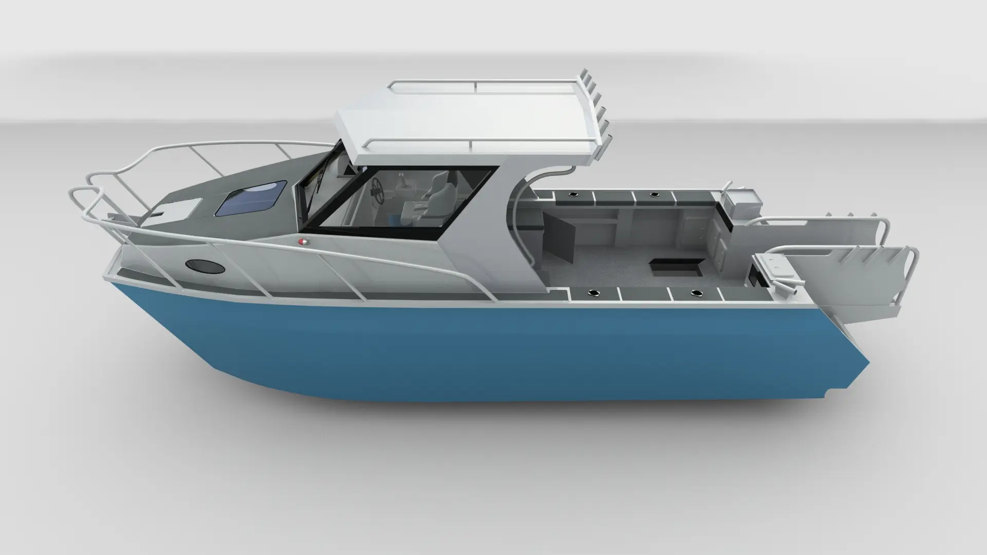 7.9m Shark Cat twin-hull catamaran with enclosed cabin and blue hull