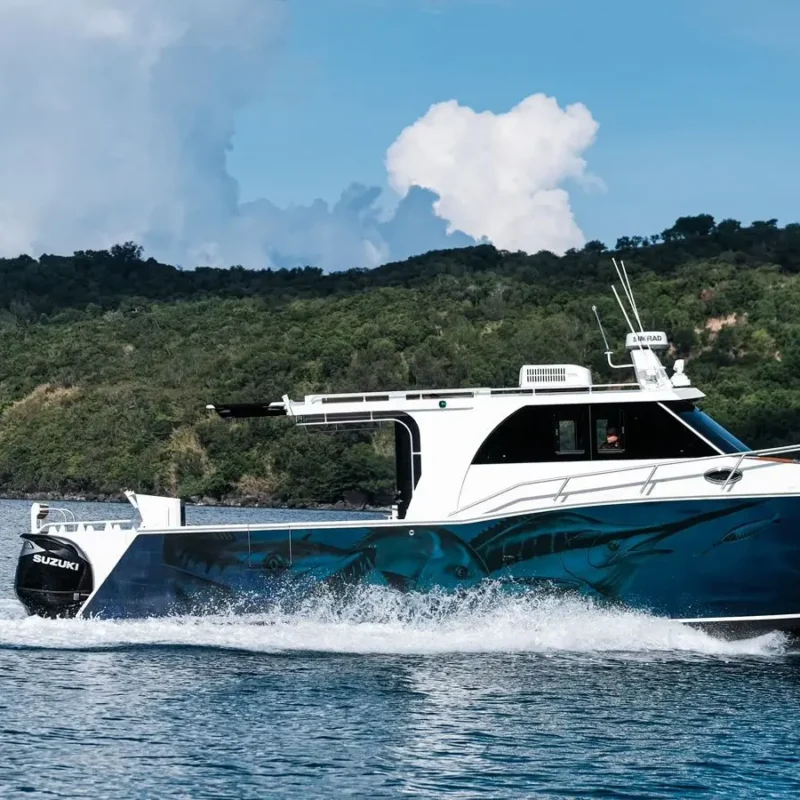 10m Shark Cat twin-hull catamaran on ocean with enclosed cabin and black hull