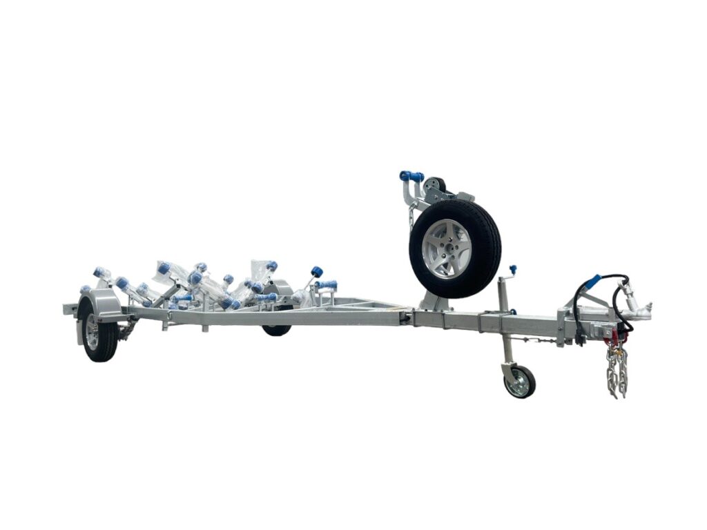 5.7 m galvanised boat trailer single axle with adjustable side rollers and spare wheel