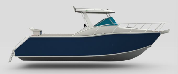 ide view of 7.5m SportsCab aluminium boat with blue hull and white cabin