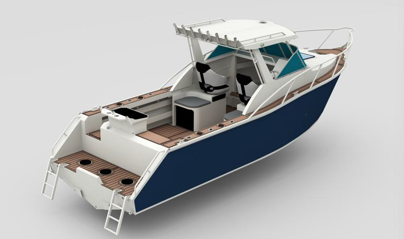 3D rendering of 7.5m SportsCab aluminium boat with blue hull and cabin