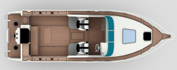 Top view of 7.5m SportsCab aluminium boat deck layout with seating and console