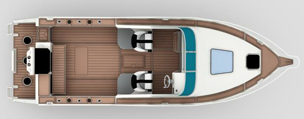 Top view of 7.5m SportsCab aluminium boat deck layout with seating and console