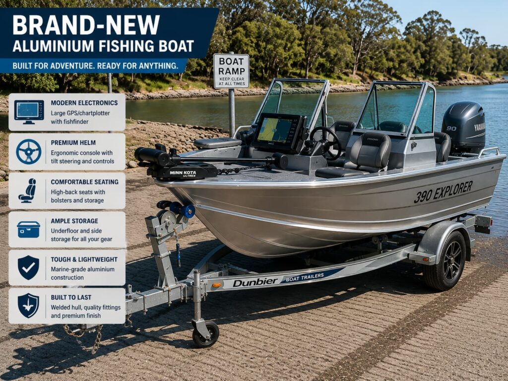 Modern aluminium fishing boat interior with custom features