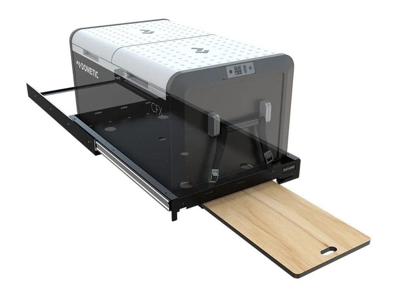 12 volt slide-out fridge fitted under a boat helm seat