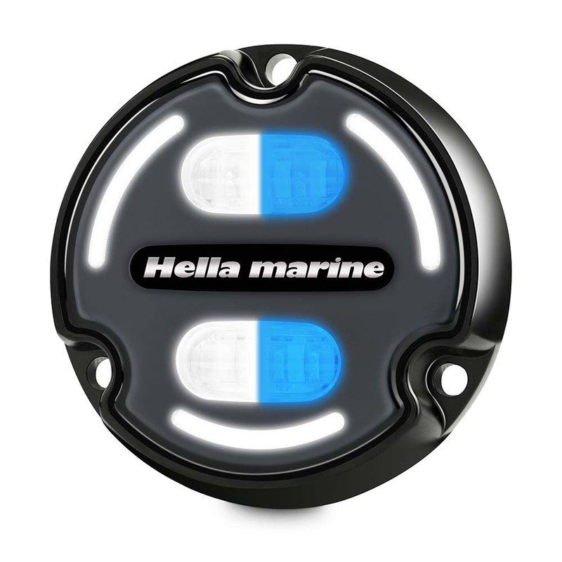 Underwater LED transom lights glowing beneath a boat at night