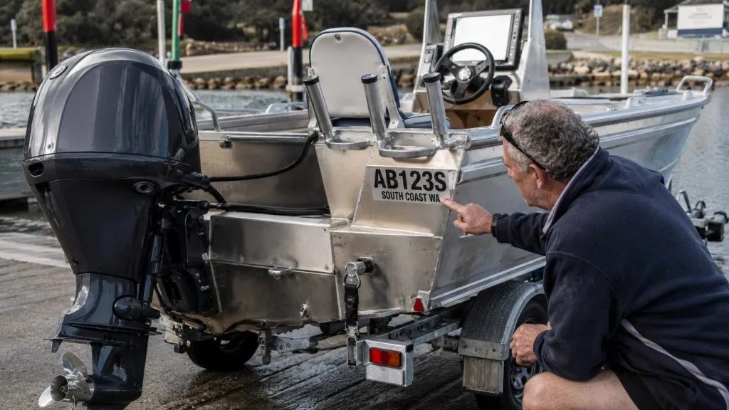 Registered aluminium fishing boat at an Australian boat ramp