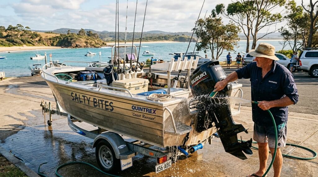 Rinsing an aluminium fishing boat with fresh water after saltwater use
