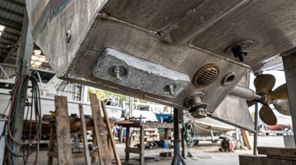 Sacrificial anode mounted to an aluminium boat hull for corrosion protection