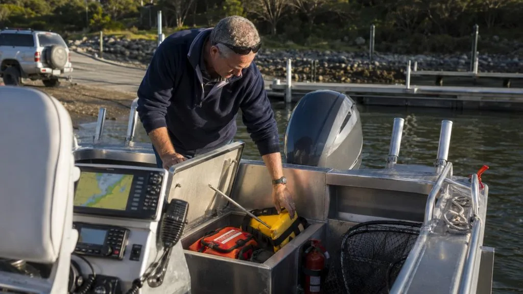 Checking safety equipment before taking an aluminium boat offshore