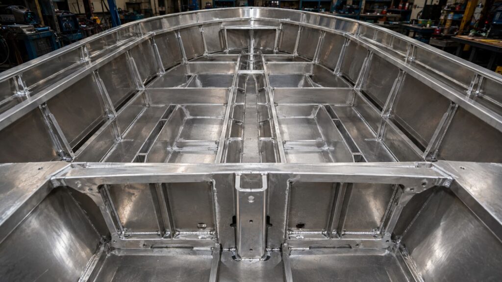 Aluminium boat hull showing stringers frames keel and internal reinforcement