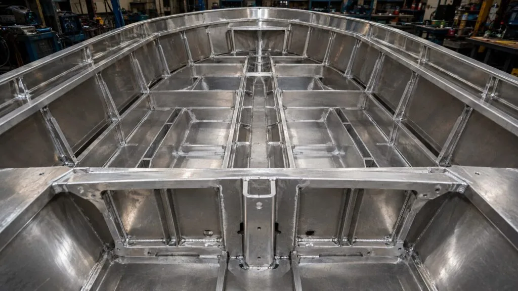 Aluminium boat hull showing stringers frames keel and internal reinforcement