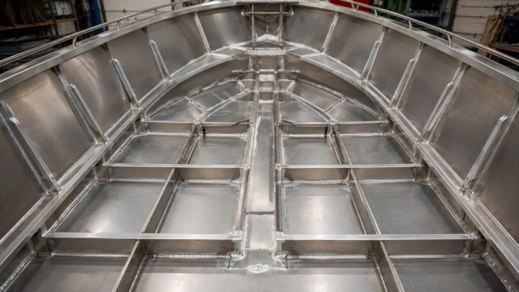 Thicker aluminium bottom plate and reinforced side plates of a boat hull