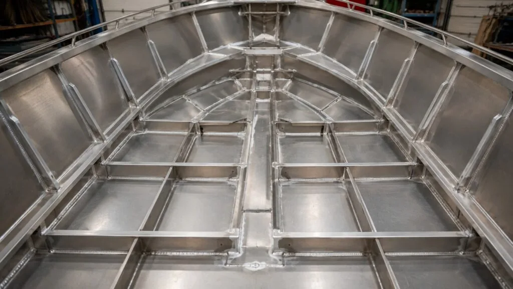 Thicker aluminium bottom plate and reinforced side plates of a boat hull
