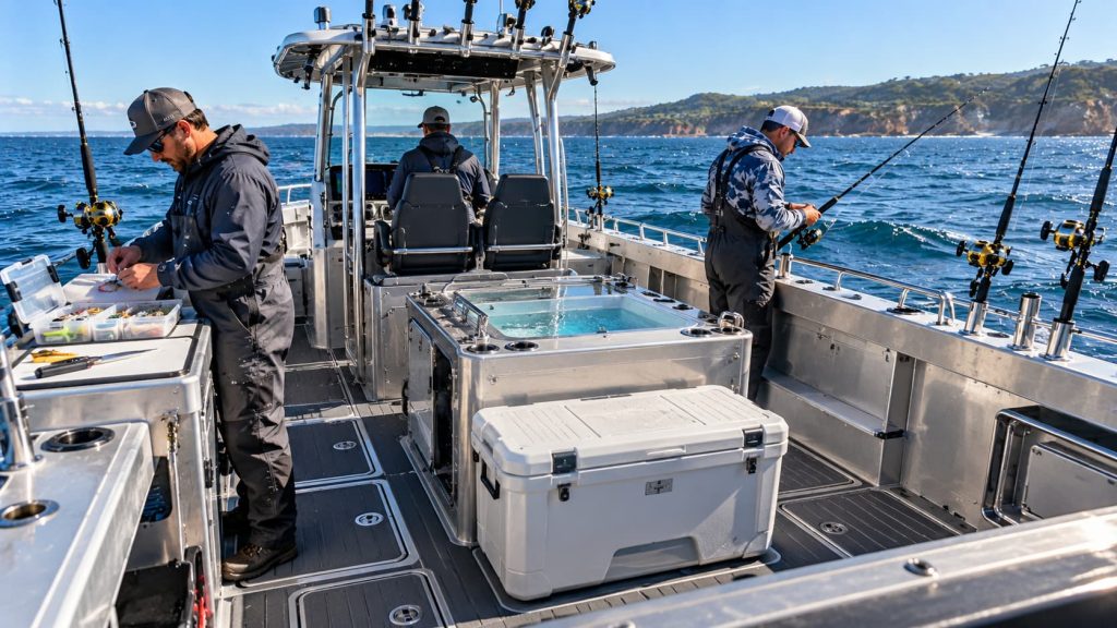 Offshore fishing boat cockpit with practical fishing features and storage