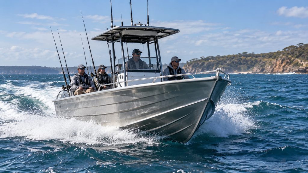 Deep V aluminium fishing boat cutting through coastal chop