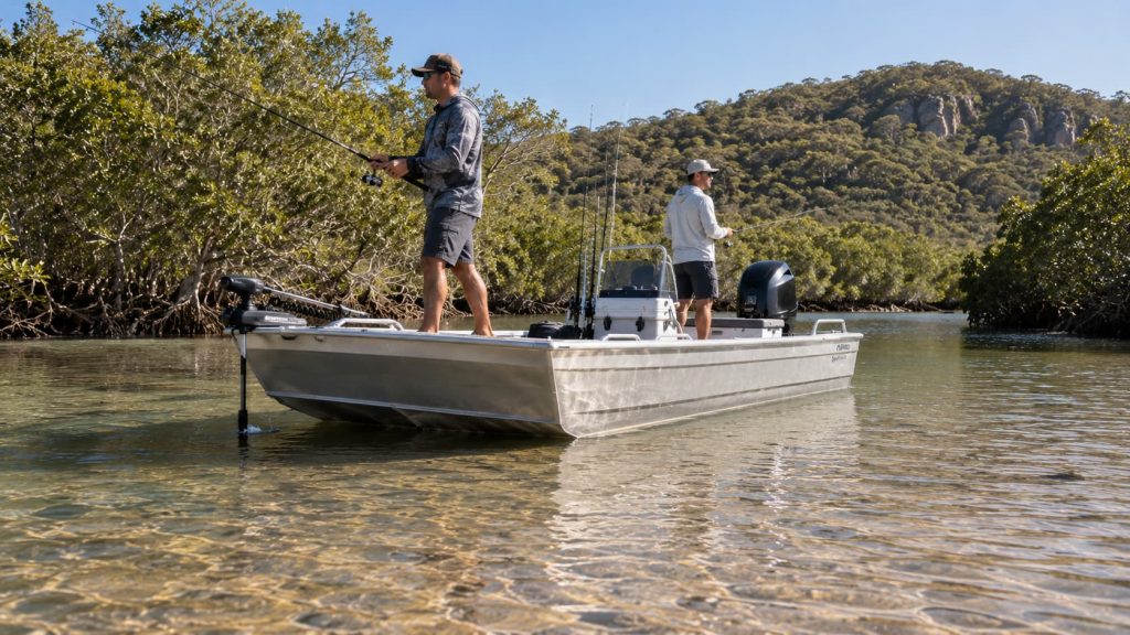 Flat bottom aluminium boat fishing in shallow water
