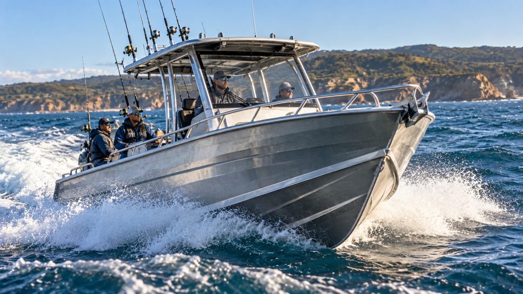 Deep-V aluminium fishing boat showing freeboard and offshore hull design