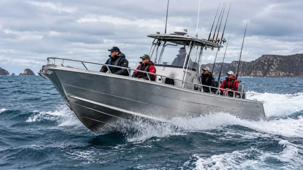 Aluminium offshore fishing boat showing safe freeboard in choppy conditions