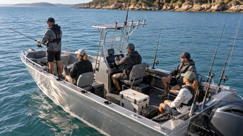 Passengers and fishing equipment distributed across an aluminium boat