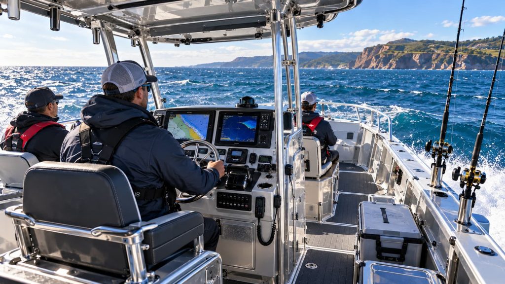 Aluminium offshore fishing boat with navigation and safety equipment