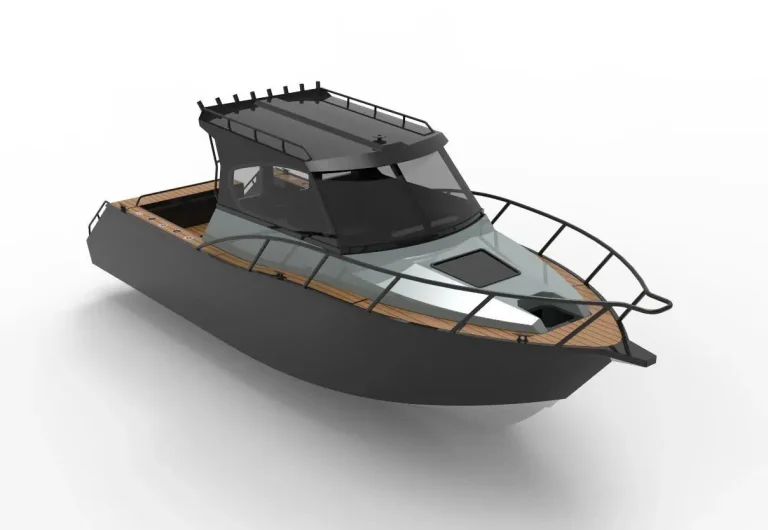 3D render of a black plate aluminium hardtop boat
