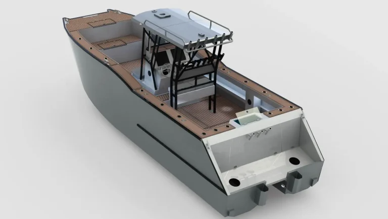 3D render of a grey plate aluminium centre console