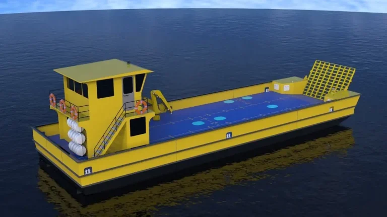 3D render of a yellow aluminium work barge