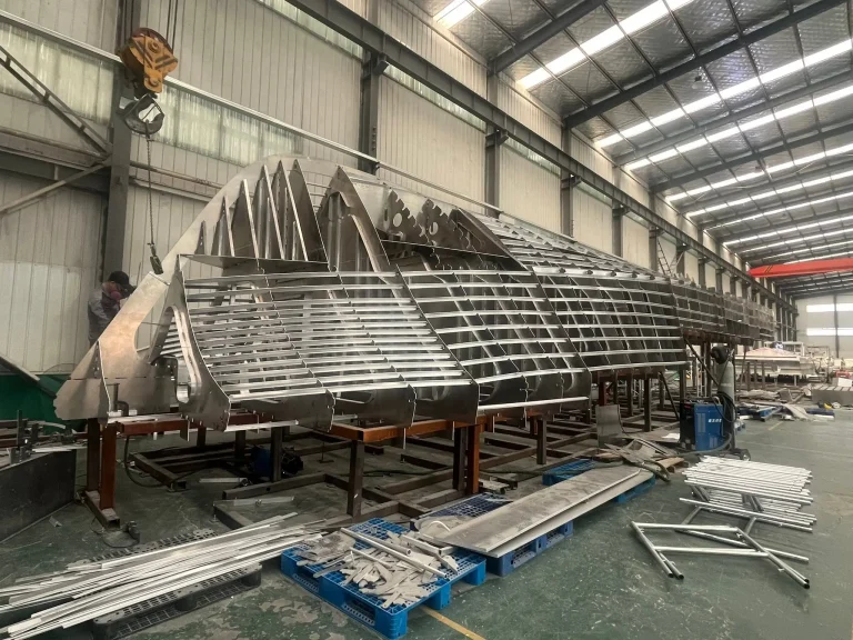 Aluminium hull frame set up in the workshop