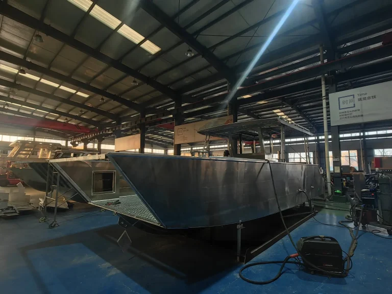 Aluminium hull shell on the factory floor
