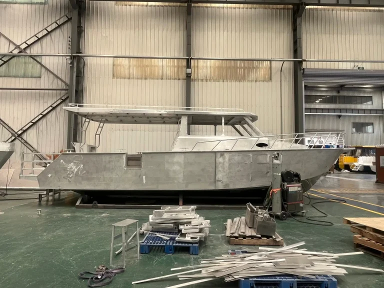 Aluminium hull under construction in the workshop