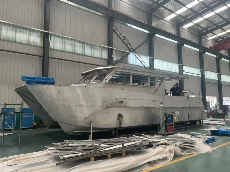 Aluminium hull under construction with plate stock