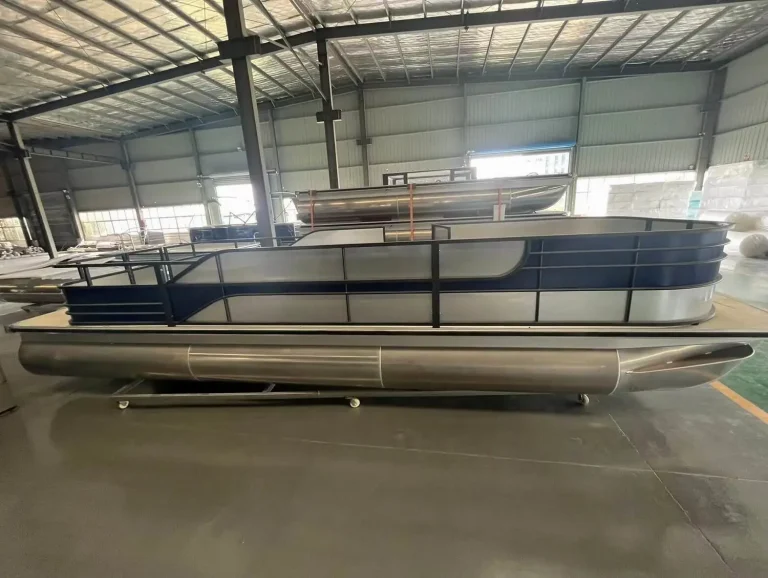 Aluminium pontoon boat under assembly in the factory