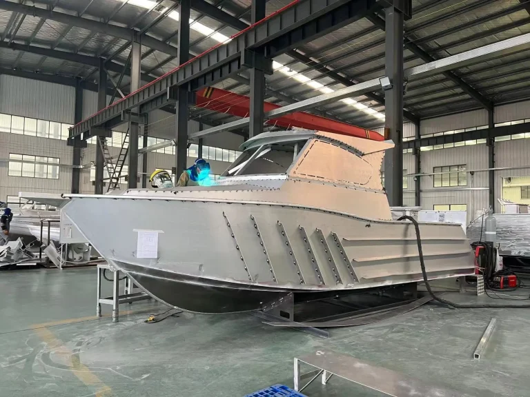 Bare aluminium cabin boat under construction
