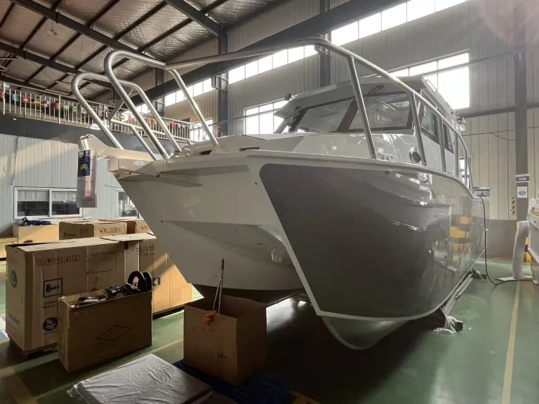 Bare aluminium cabin boat under fit out