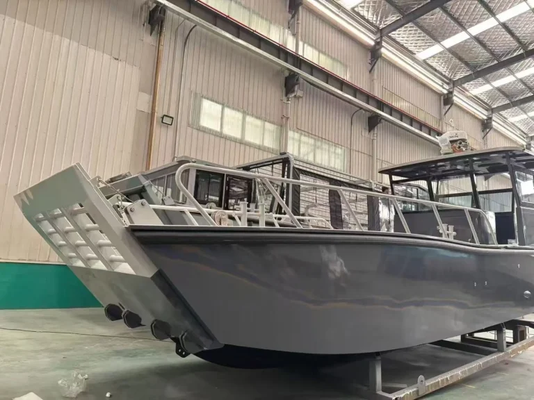 Bare aluminium catamaran hull in the factory