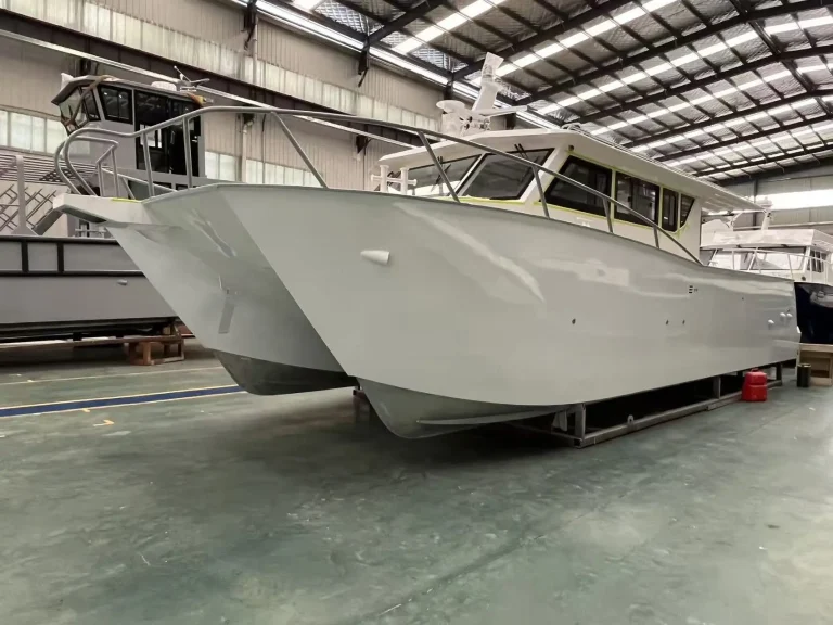 Bare aluminium catamaran hull in the factory