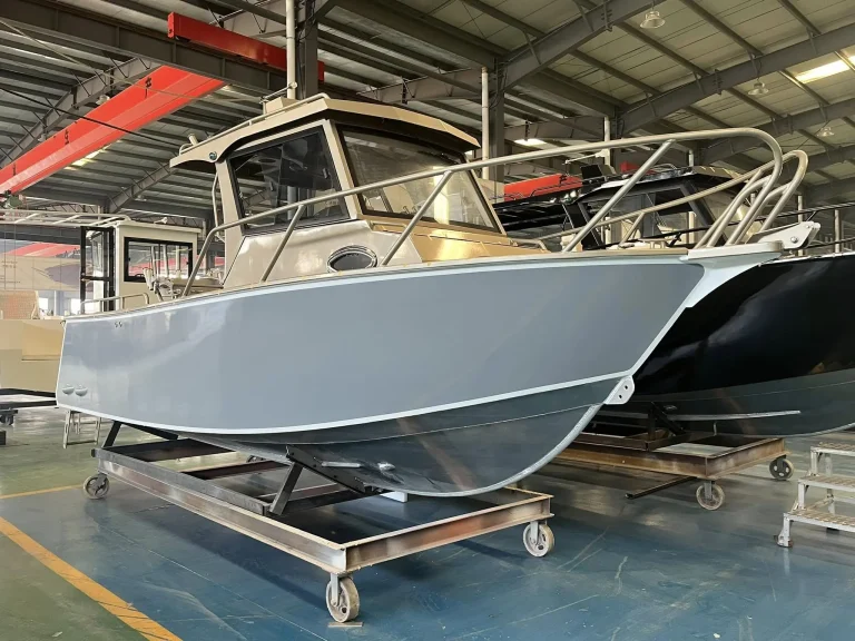 Bare aluminium centre console hull in the factory