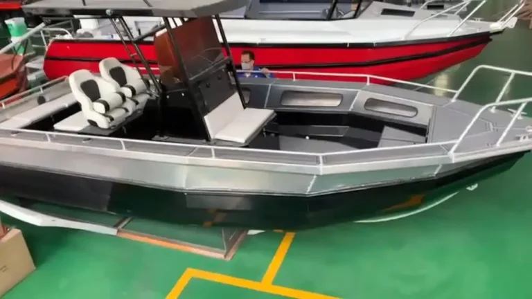 Bare aluminium deck and console during fabrication