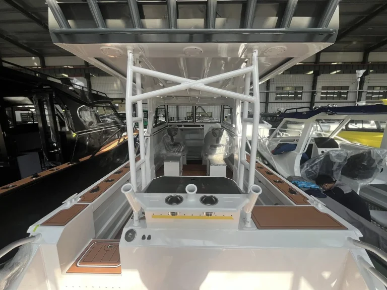 Bare aluminium deck and T-top frame during fit out