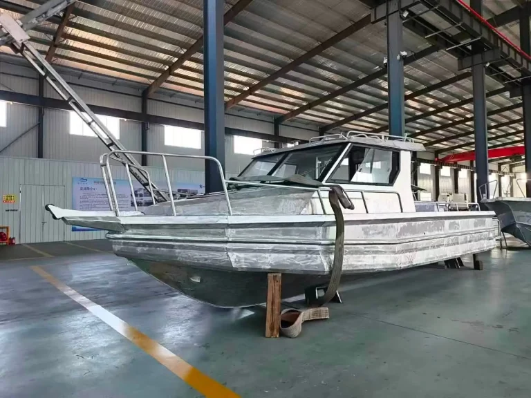 Bare aluminium hardtop boat in the factory