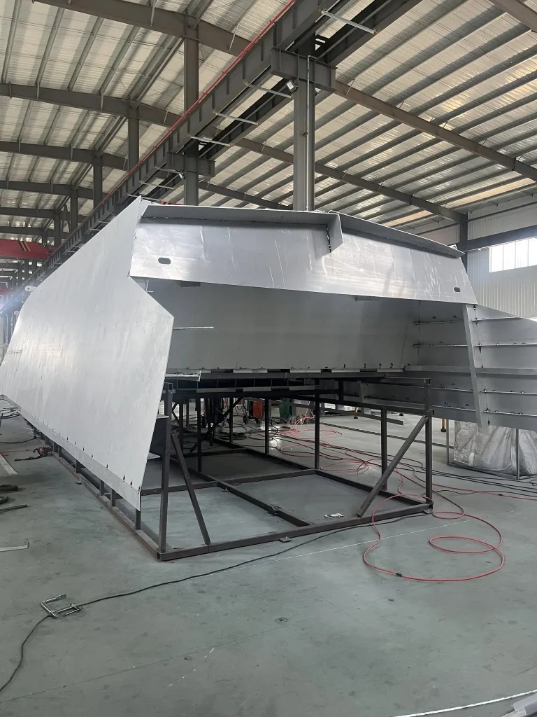 Bare aluminium hull frame under construction
