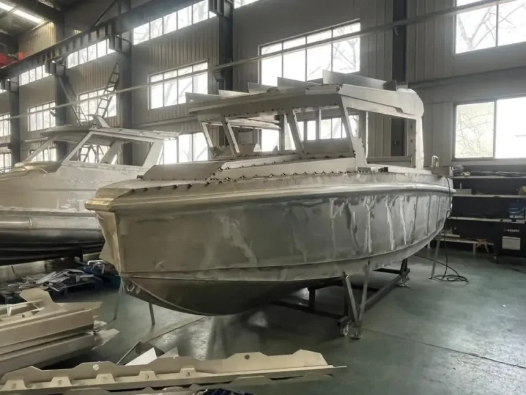 Bare aluminium hull under construction in the factory