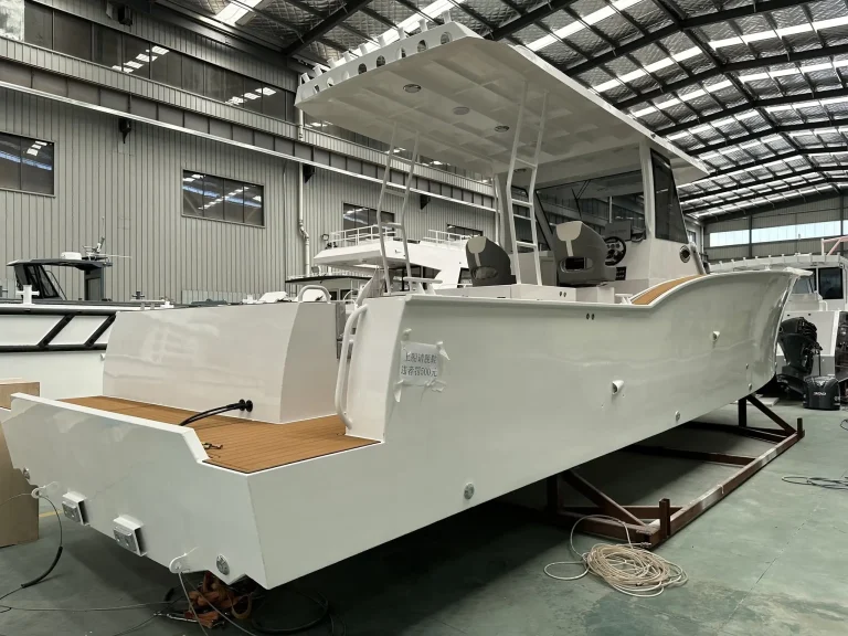 Bare aluminium hull with cabin under construction