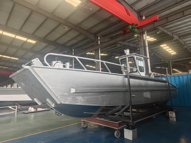 Bare aluminium landing craft in the factory
