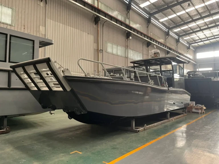 Bare aluminium landing craft with bow ramp