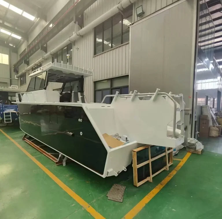 Bare aluminium landing craft with bow ramp in the factory